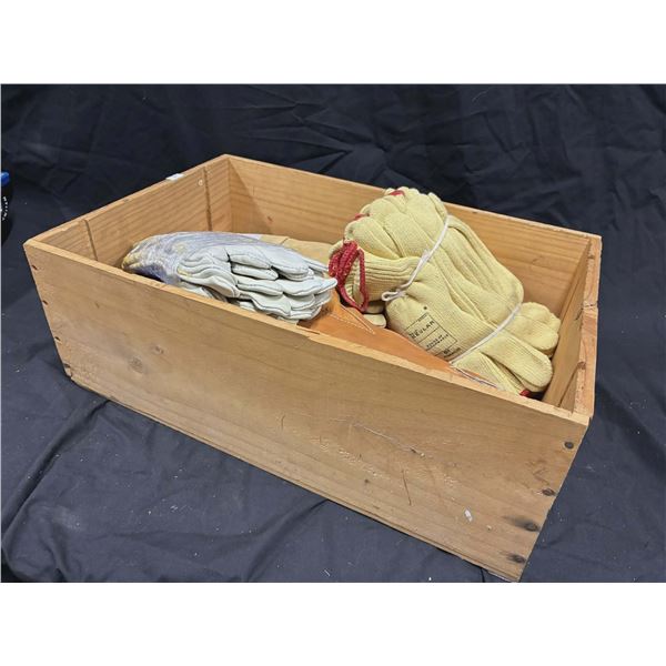 Vintage wooden crate with approx 50 pairs of brand new gloves