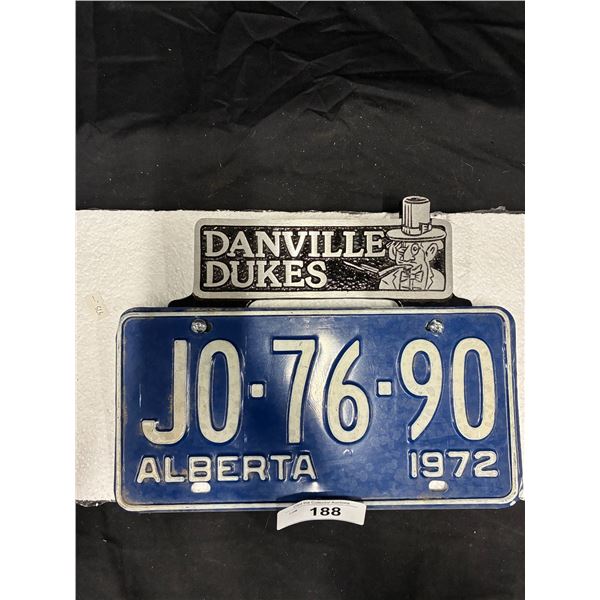 1972 Alberta license plate with Danville Dukes plate topper