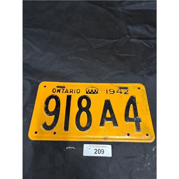 Vintage 1942 Ontario license plate