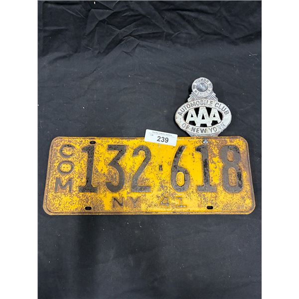 1941 New York license plate with rare NY Automobile topper