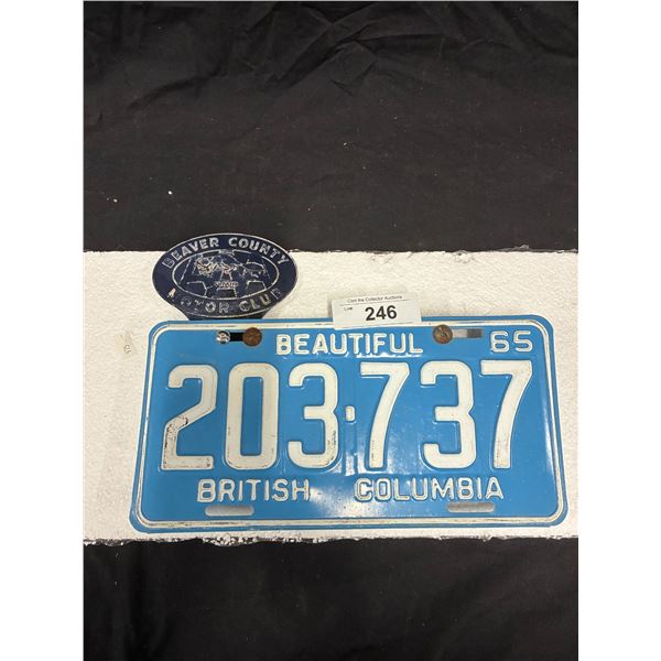 1965 BC license plate with AAA Beaver County Motor Club topper