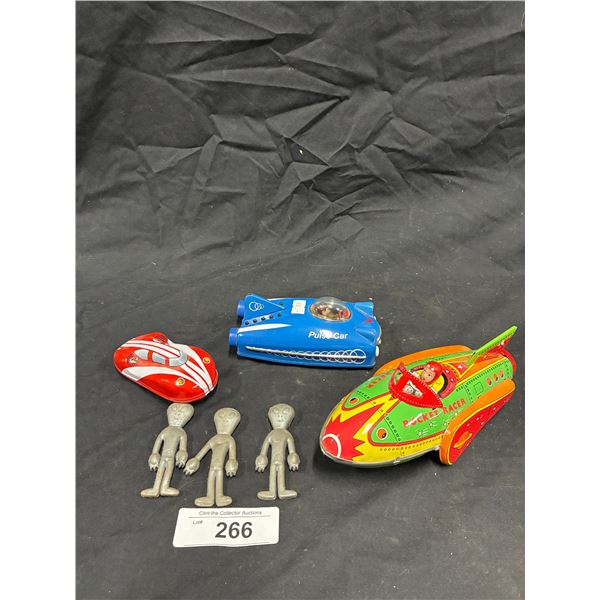 Lot of 3 tin vehicles and aliens, largest vehicle 8"