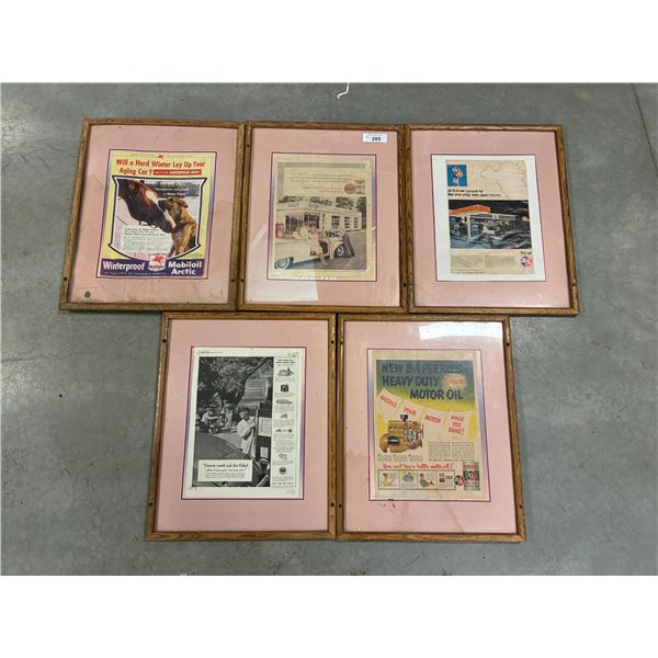 5 vintage gas and oil etc framed ads 21"x17"