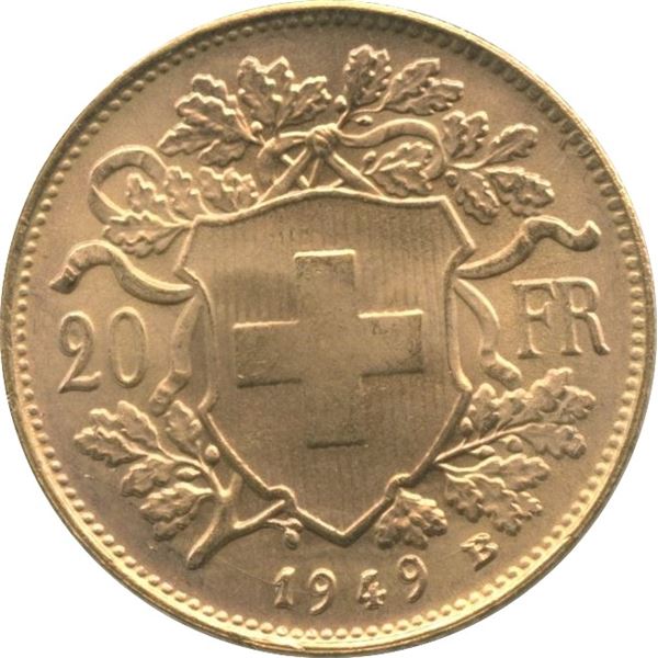 1949B Switzerland 20 Franc Gold
