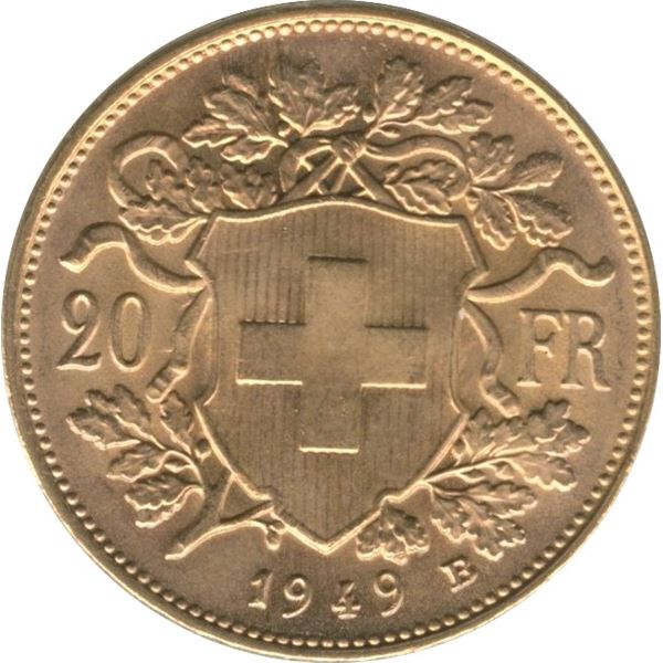 1949B Switzerland 20 Franc Gold