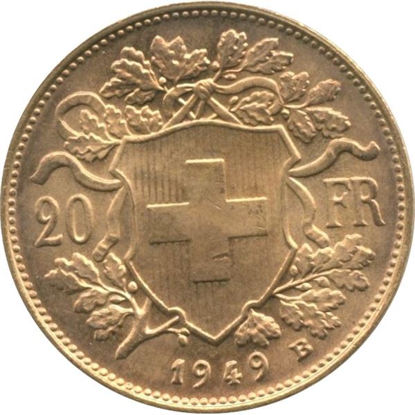 1949B Switzerland 20 Franc Gold
