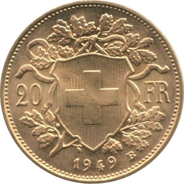 1949B Switzerland 20 Franc Gold