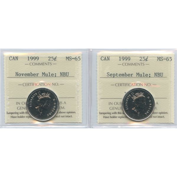 1999 Canada Twenty-Five Cents Error Pair