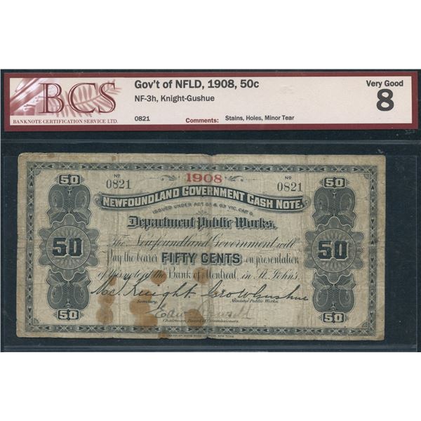 Newfoundland Government Cash Note 50 Cents, 1908