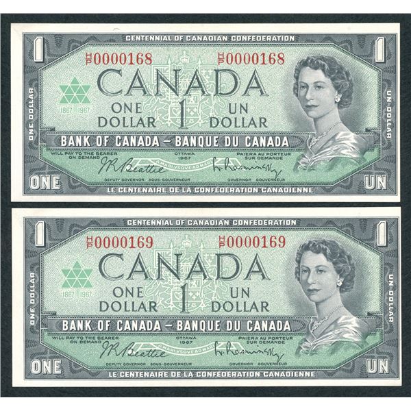 Bank of Canada $1, 1967 - Low Numbered Pair