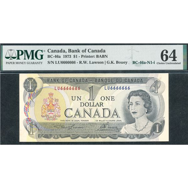 Bank of Canada $1, 1973 - Solid Serial Number 6's