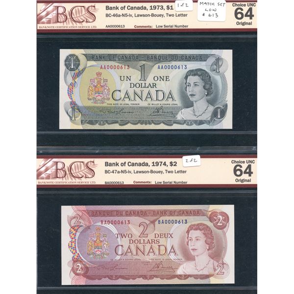 Bank of Canada $1 & $2 - Low Number Match Set