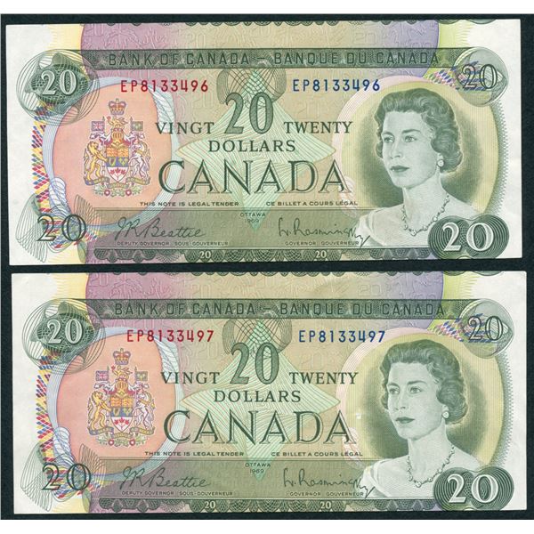 Bank of Canada $20, 1969 - Consecutive Pair Cut out of Register
