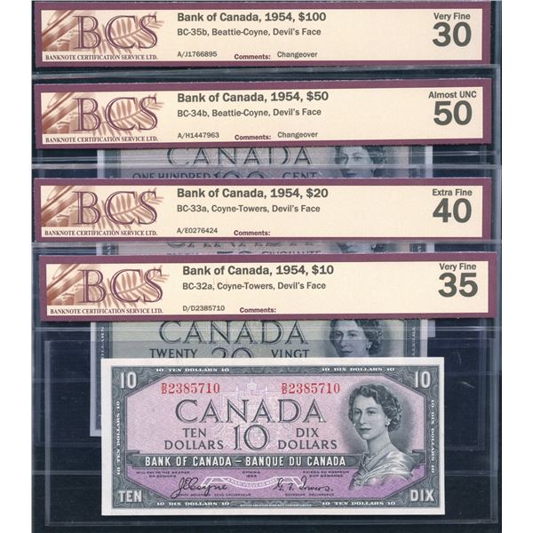 Bank of Canada $10-$100, 1954 Devil's Face Set