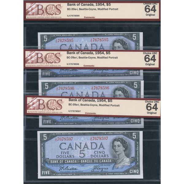 Bank of Canada $5, 1954 - Lot of 3 Consecutive Notes