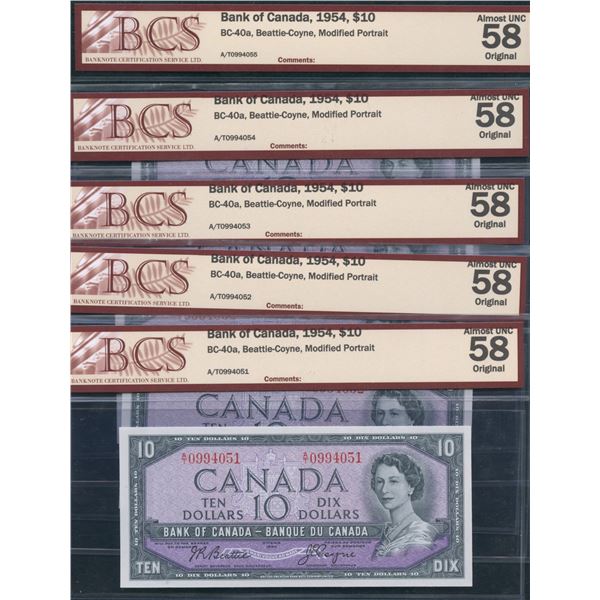 Bank of Canada $10, 1954 - Lot of 5 Consecutive Notes