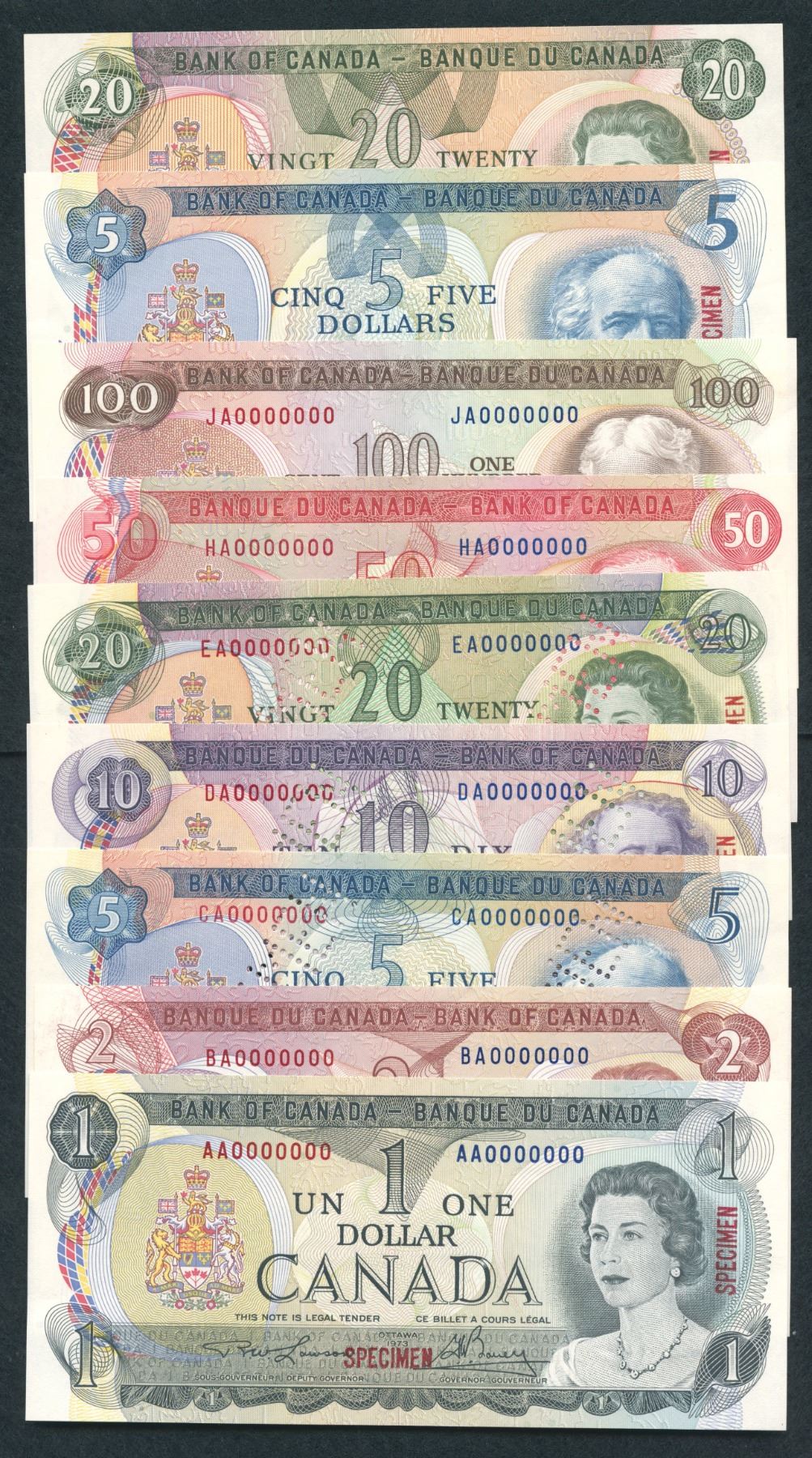 All Canadian Notes Bank of Canada $1 - $100 - Multicoloured Set of 9 Notes