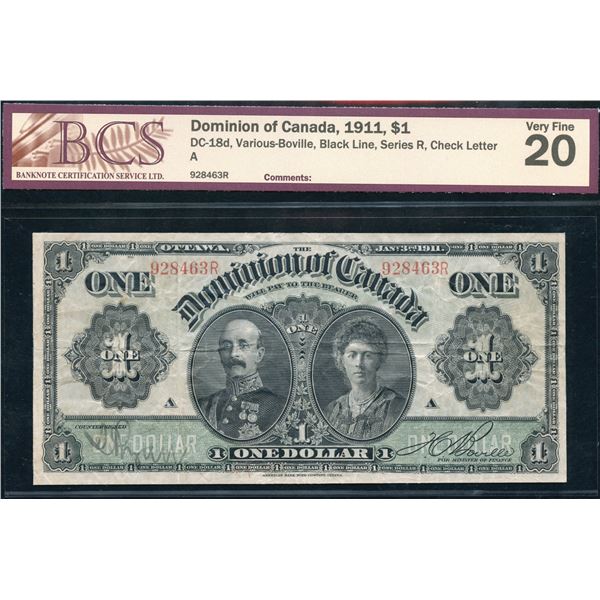 Dominion of Canada $1, 1911 - Black Line
