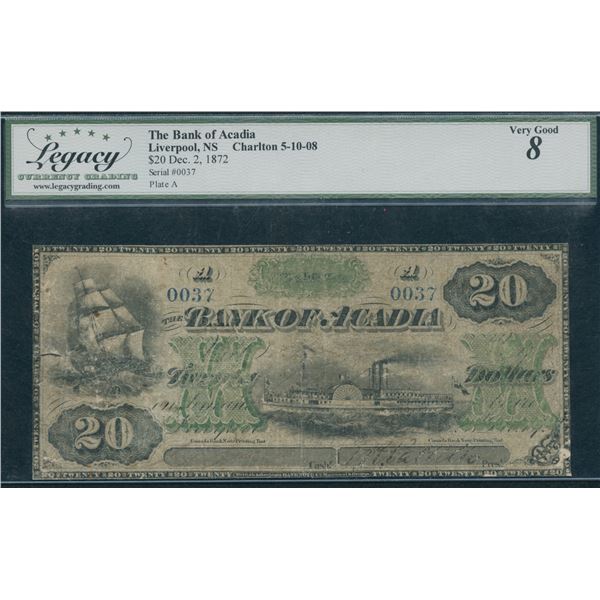 Bank of Acadia $20, 1872