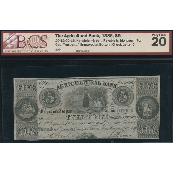 Agricultural Bank $5, 1836