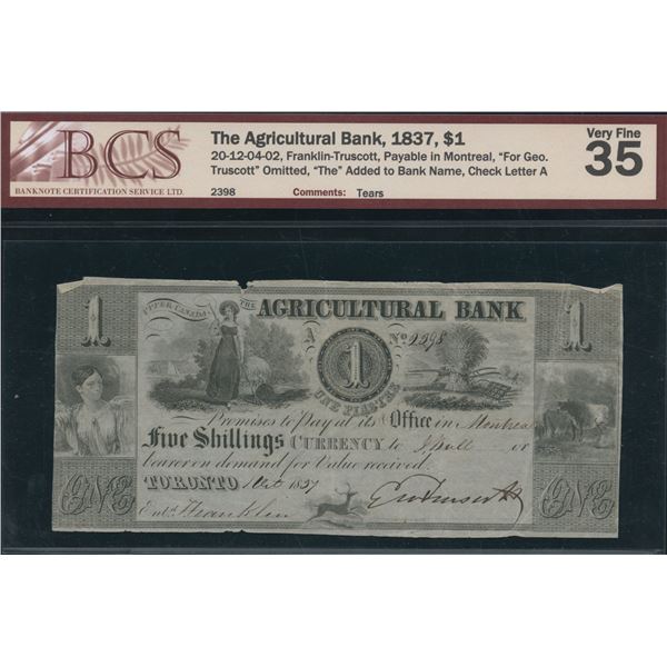Agricultural Bank $1, 1837