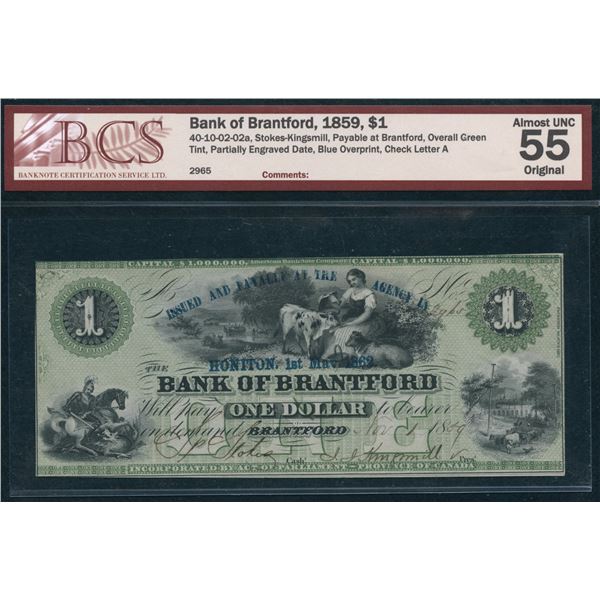 Bank of Brantford $1, 1859 - Overprint