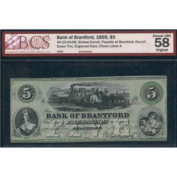 Bank of Brantford $5, 1859