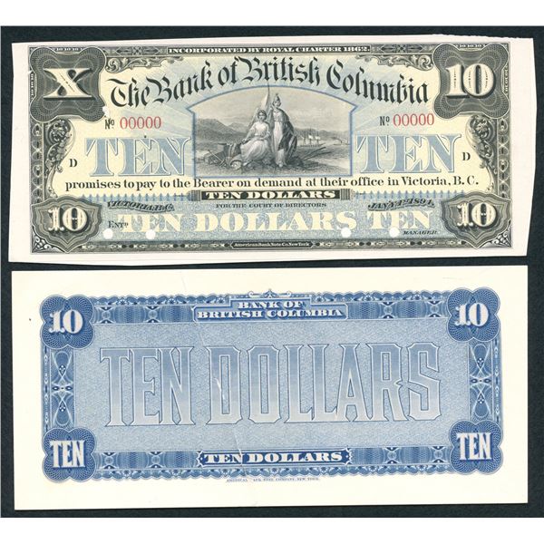 Bank of British Columbia $10, 1894 - Front & Back Proofs