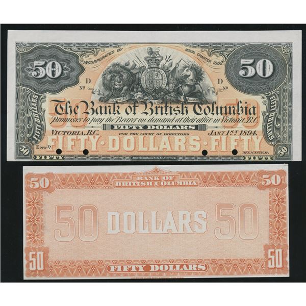 Bank of British Columbia $50, 1894 - Front & Back Proofs
