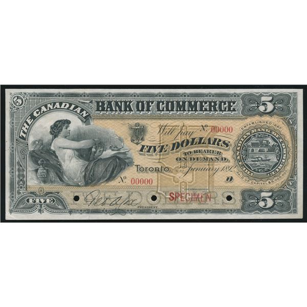 Canadian Bank of Commerce $5, 1892 - Specimen