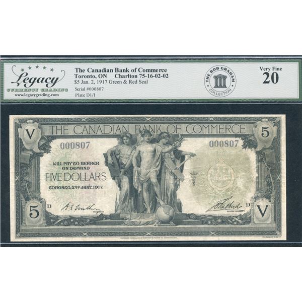 Canadian Bank of Commerce $5, 1917 - Green & Red Seal