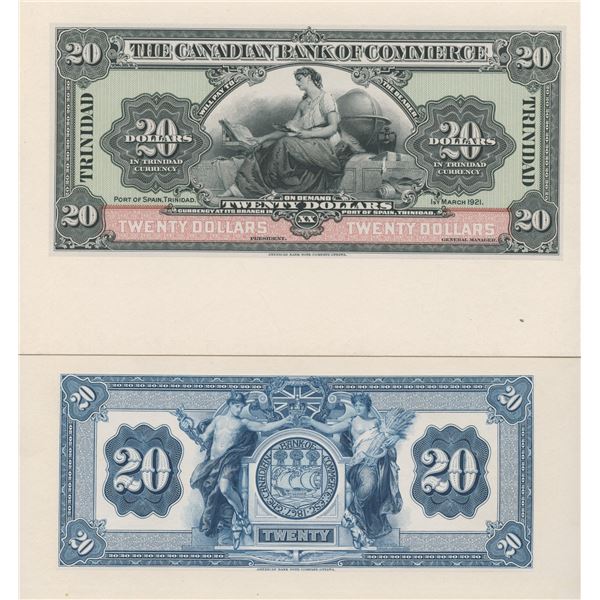 Canadian Bank of Commerce Trinidad $20, 1921 - Front & Back Proofs
