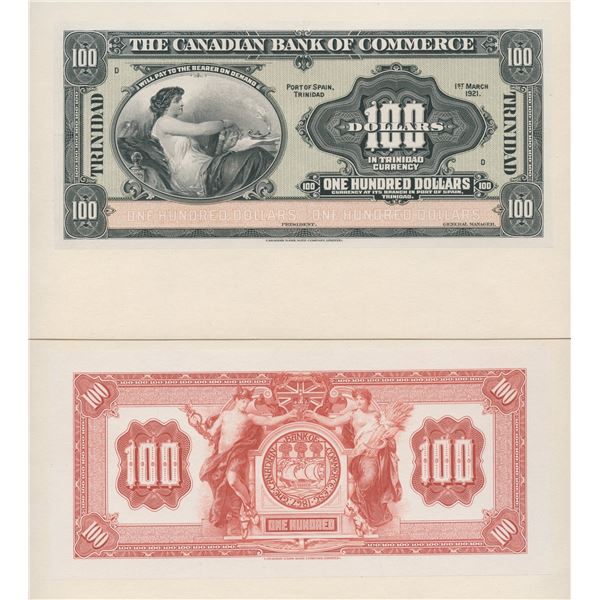 Canadian Bank of Commerce Trinidad $100, 1921 - Front & Back Proofs