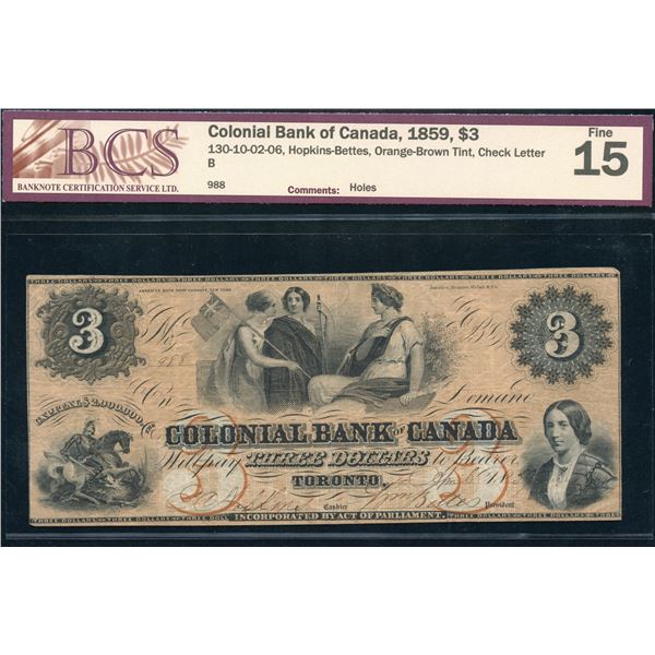 Colonial Bank of Canada $3, 1859