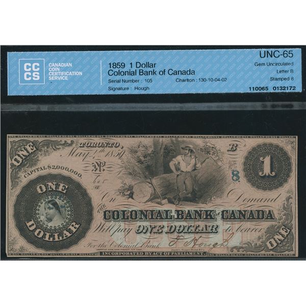 Colonial Bank of Canada $1, 1859