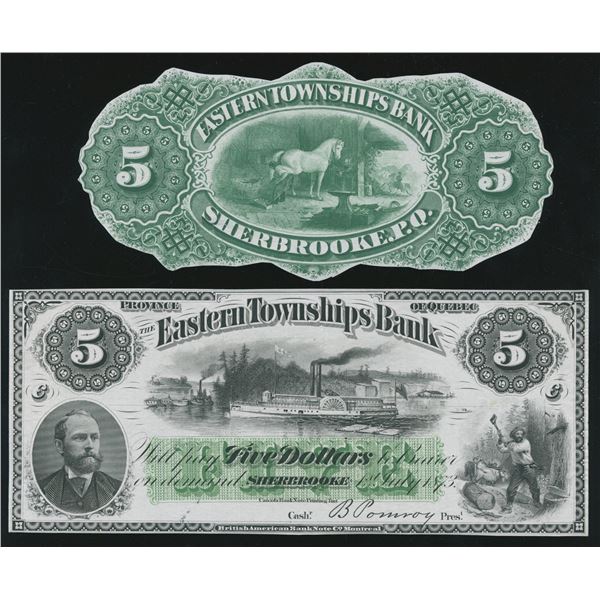 Eastern Townships Bank $5, 1873 - Front & Back Proofs