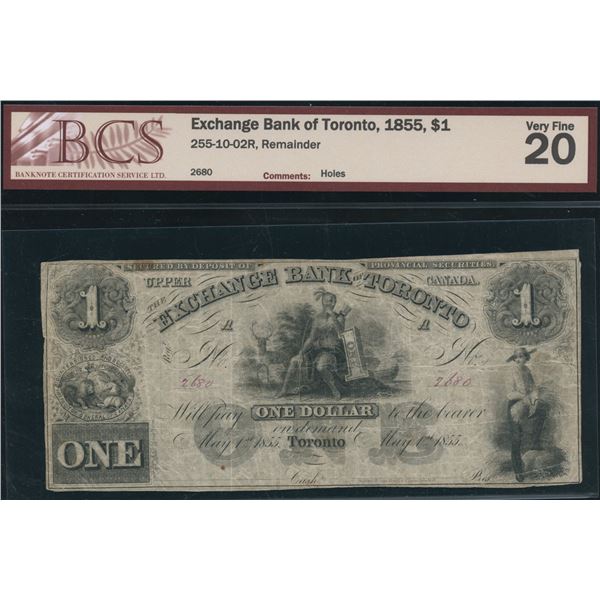 Exchange Bank of Toronto $1, 1855 - Remainder