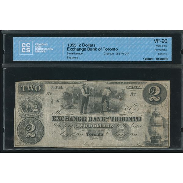 Exchange Bank of Toronto $2, 1855 - Remainder