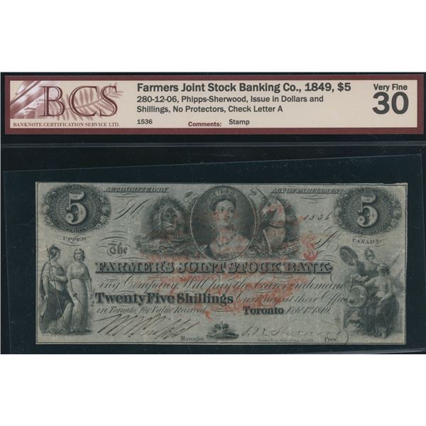Farmers Joint Stock Banking Co. $5, 1849
