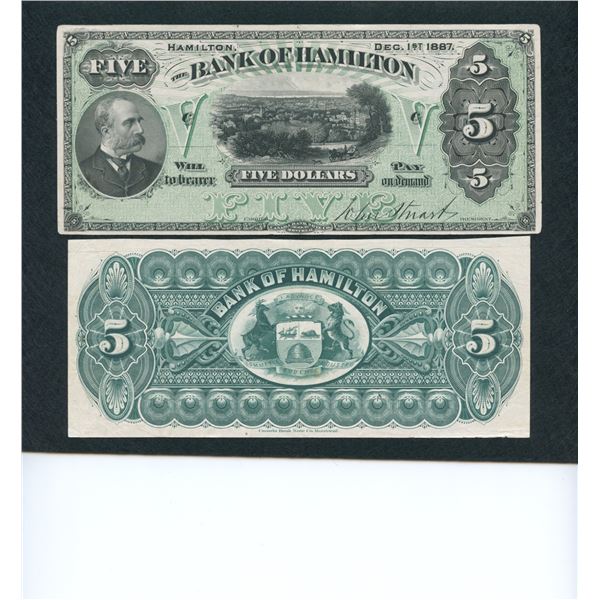 Bank of Hamilton $5, 1887 - Front and Back Proofs