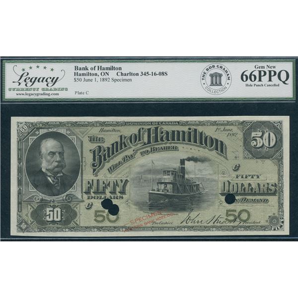 Bank of Hamilton $50, 1892 - Specimen