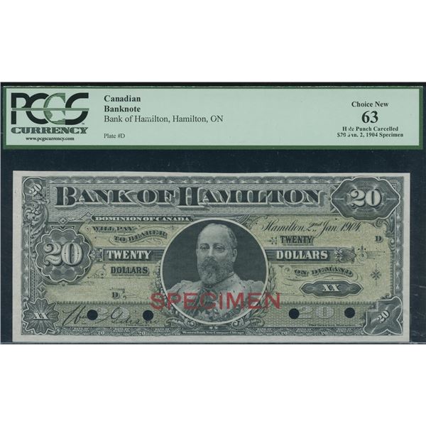 Bank of Hamilton $20, 1904 - Specimen