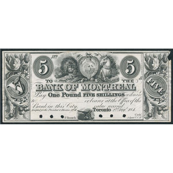 Bank of Montreal £1 5 Shillings, 184_ - Front Proof