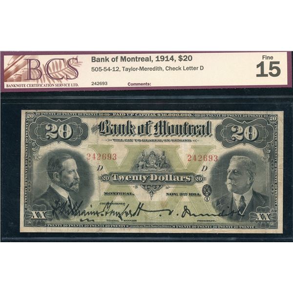Bank of Montreal $20, 1914