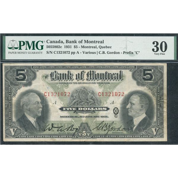 Bank of Montreal $5, 1931 - Test Prefix