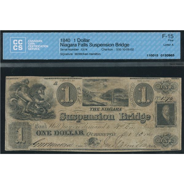 Niagara Suspension Bridge Bank $1, 1840