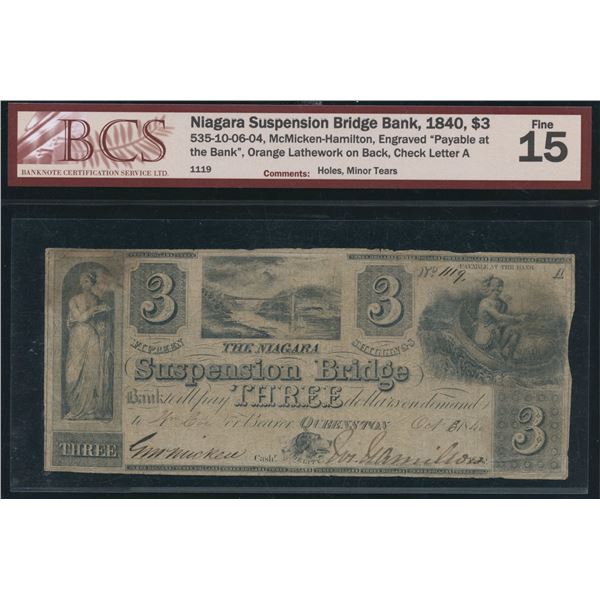Niagara Suspension Bridge Bank $3, 1840