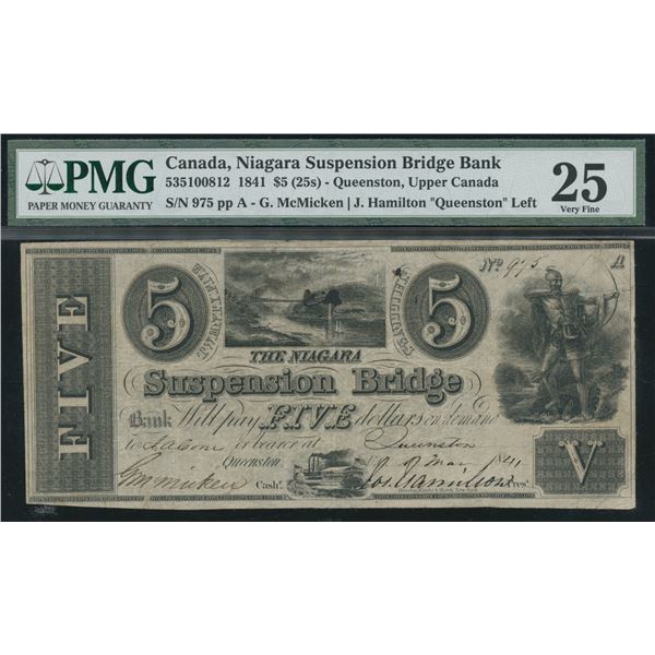 Niagara Suspension Bridge Bank $5, 1841