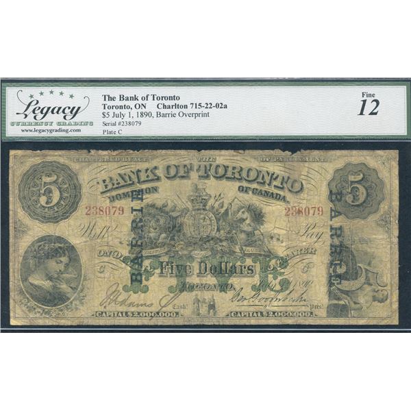 Bank of Toronto $5, 1890 - Barrie Overprint, Unique