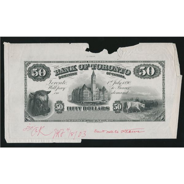 Bank of Toronto $50, 1890 - Front Proof